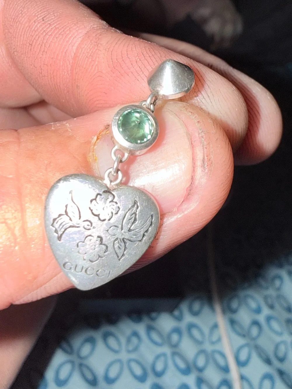 Gucci Silver Heart Drop Earrings with Green and Pink Stones “Blind For Love”